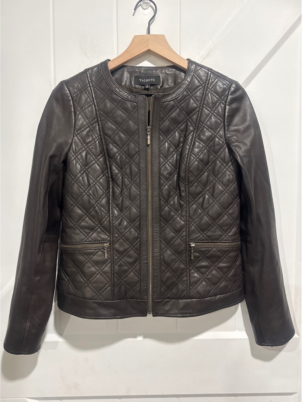Talbots Women's Quilted 100% Lamb Skin Leather Jacket Size 2, Brown